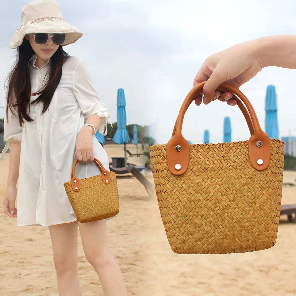 

Vintage Ratan Bucket Bag Wicker Woven Women Handbags Handmade Summer Beach Bags Small Straw Basket Bag Casual Bali Purses 2023