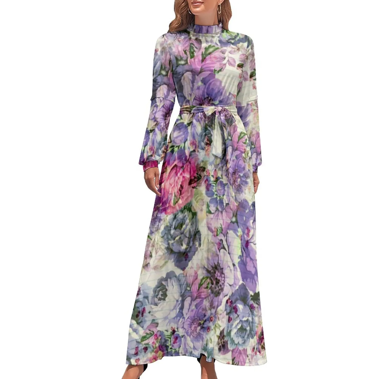 

Pink Favender Dress Long-Sleeve Vintage Bohemian Floral Elegant Maxi Dress High Neck Streetwear Design Bohemia Long Dresses