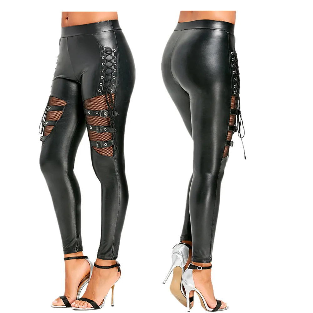 Gothic Punk Women Bandage Leather Leggings Reflective Shiny Stretch Tighten PU Leather Pants High Waist Slim Sexy Leggings