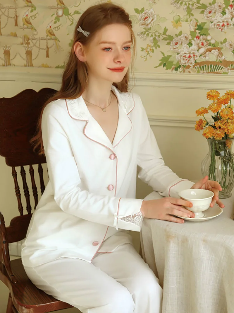 

Pajama Suit for Women Long Sleeve Casual Spring Autumn Elegant Cotton Lace Princess Nightwear Home Clothes 2023 New Sleepwear