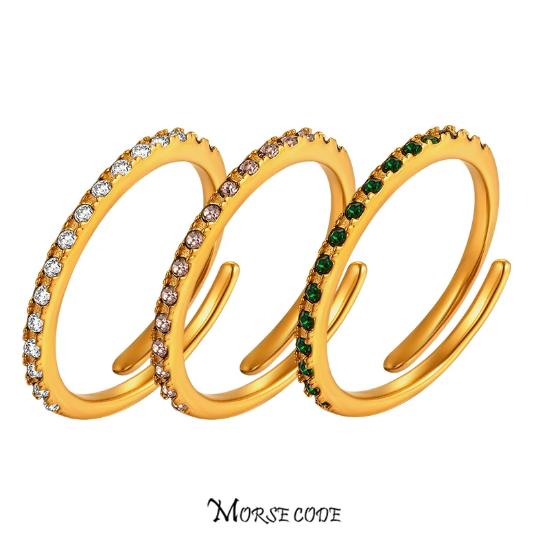 

MORSE CODE Stainless Steel White Pink Green Zircon Ring Stone For Women Girl Men Couple Finger Rings Party Jewelry Accessories
