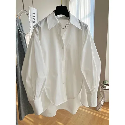 Белая женская рубашка, свободные блузки с рукавами-фонариками, модная Асимметричная блузка с разрезом, корейские винтажные женские топы, 2023
