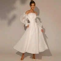 queen strapless simple organza ankle length princess wedding dresses 2022 long sleeves puffed beach minimalist micro bridal gown