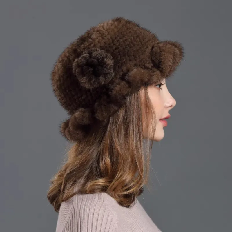 Вязаные модные шапки из натурального меха норки для зимы с цветочным дизайном