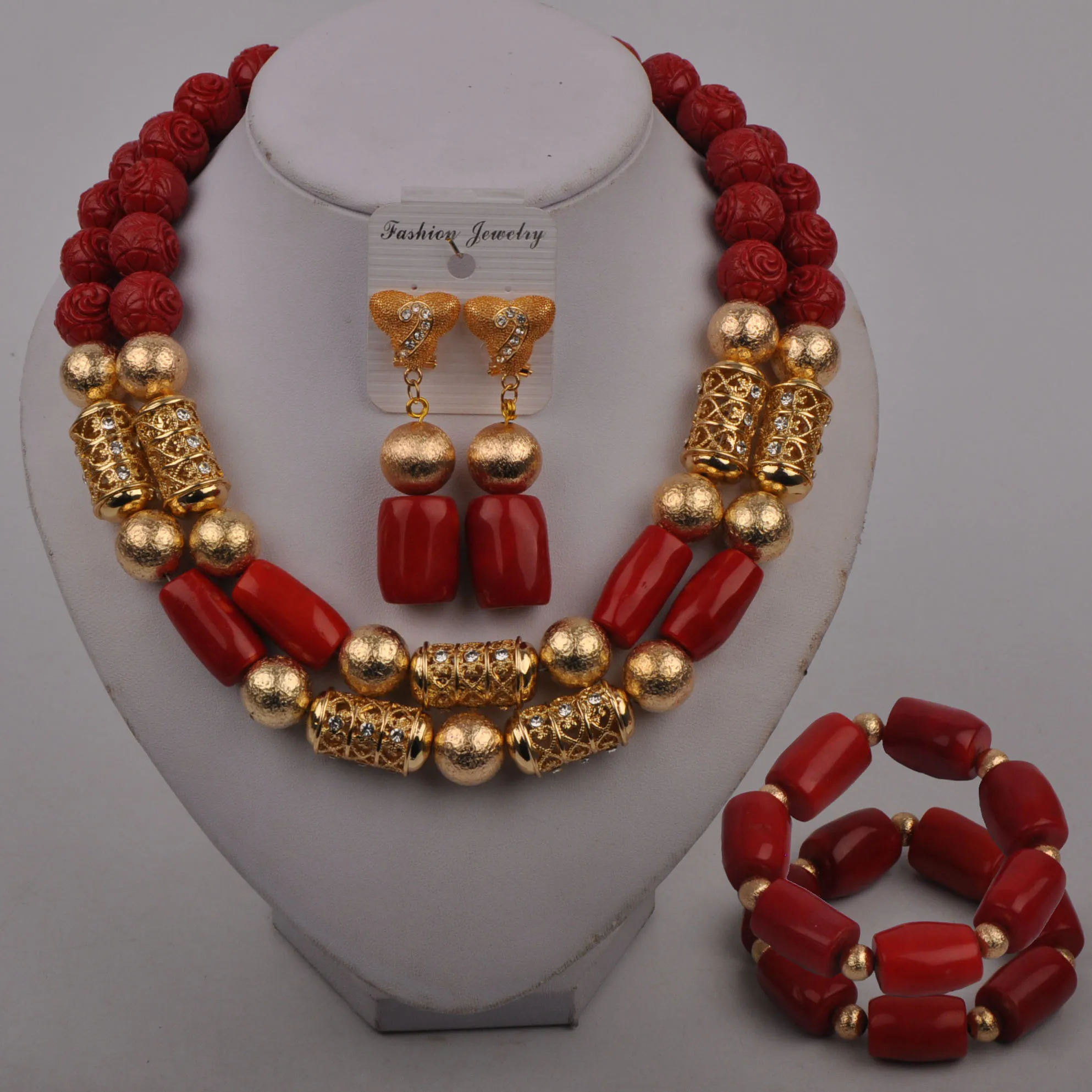 

African Wedding Beads Red Coral Jewelry Set for Women