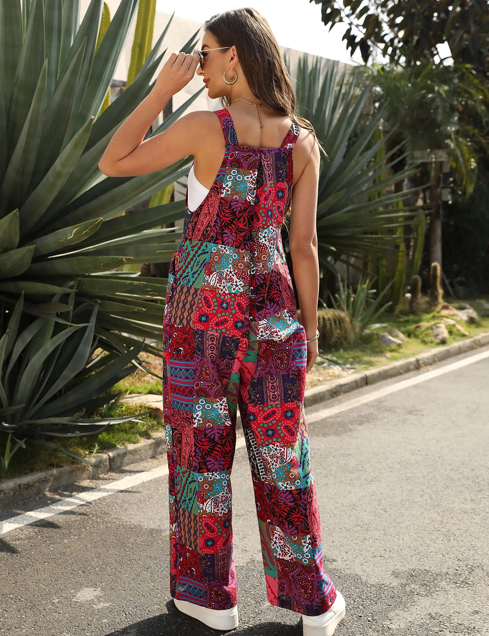 Bohemian Jumpsuit Women Ethnic Style Summer Overall 2023 Multicolor Patchwork Square Neck Sleeveless Casual Rompers with Pockets