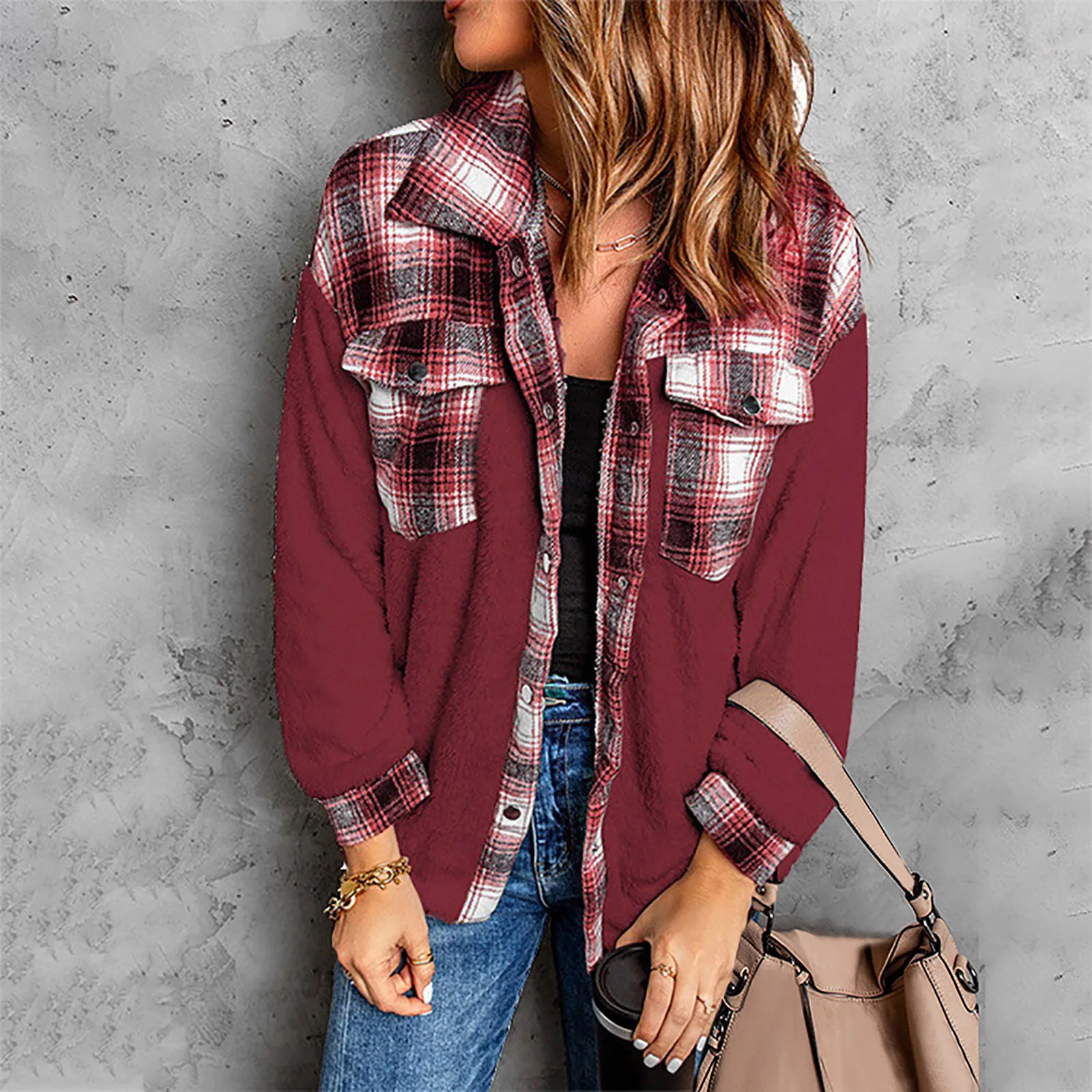 

Women's Coat Casual Lapel Fleece Fuzzy Faux Shearling Button Coats Warm Winter Oversized Outwear Plaid Print Long Hooded Coat