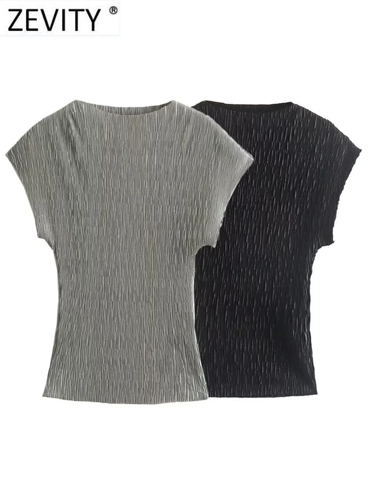 

Zevity Женская модная однотонная тонкая плиссированная блузка с воротником-стойкой, женские рубашки с коротким рукавом, блузы, шикарные топы ...