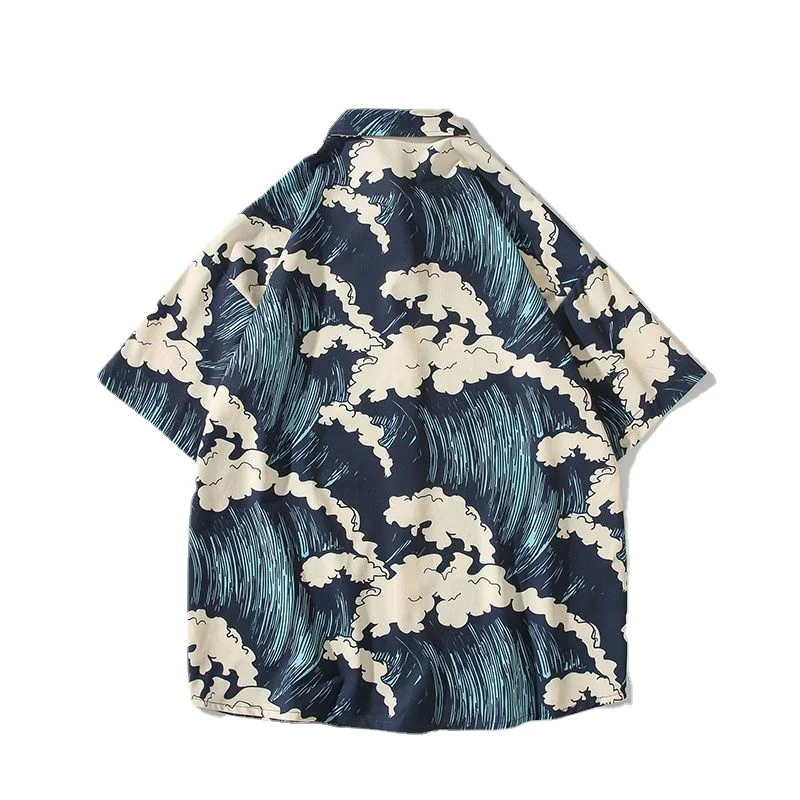 Men Hawaiian Shirt 2-piece HarajukuUkiyo-e The Great Wave Print Short Sleeve Beach Shirts Suit Summer Fashion Button Up Shirts