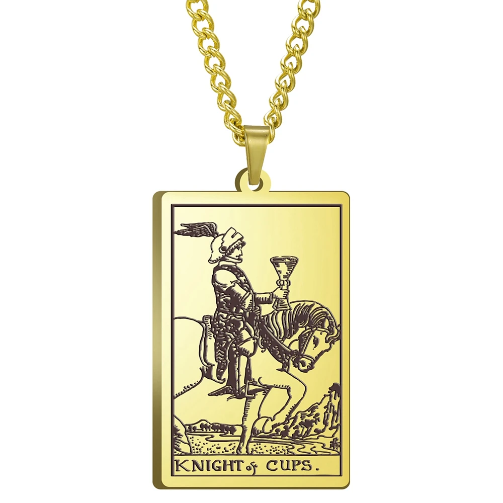 

3 Colors Black Color Gold Color Steel Color 24x40mm Tarot Knight Of Cups Pendant Necklace With 60cm Link Chain