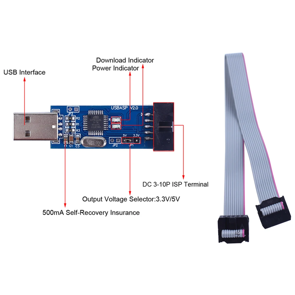 

USBASP USBISP 51 AVR Programmer Downloader USB ISP USB ASP ATMEGA8 ATMEGA128 Support Win7 + 10 Pin to 6 Pin Adapter