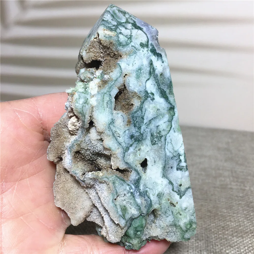 

Natural Stone And Crystal Green Moss Agate Druzy Tower Healing Gemstones Geode Voog Point Wand Witchcraft Gift Home Decoration