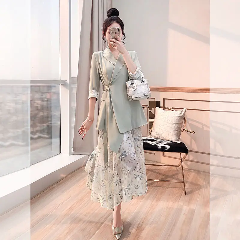 

Women 2022 Summer New Blazer Dress Elegant Two-Piece Fashion Suits Female Suit Jackets and Floral Sling Dresses 2 Piece Sets G80