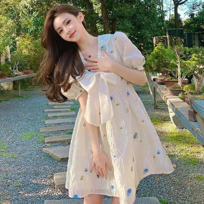 

French Vintage Floral Dress Women 2022 Summer Bow puff sleeves Sweet Girl Party Mini Dresse Japanese kawaii Dresses