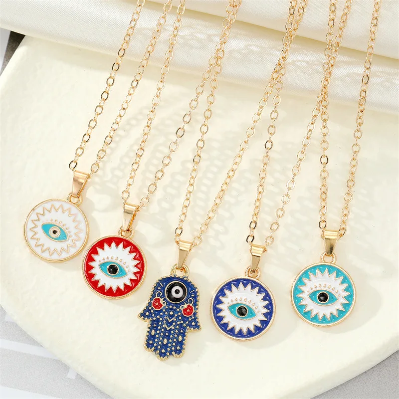 

1PC Enamel Turkish Evil Eye Round Pendant Necklace For Women Vintage Colorful Hamsa Hand Evil Eye Necklaces Chain Party Jewelry