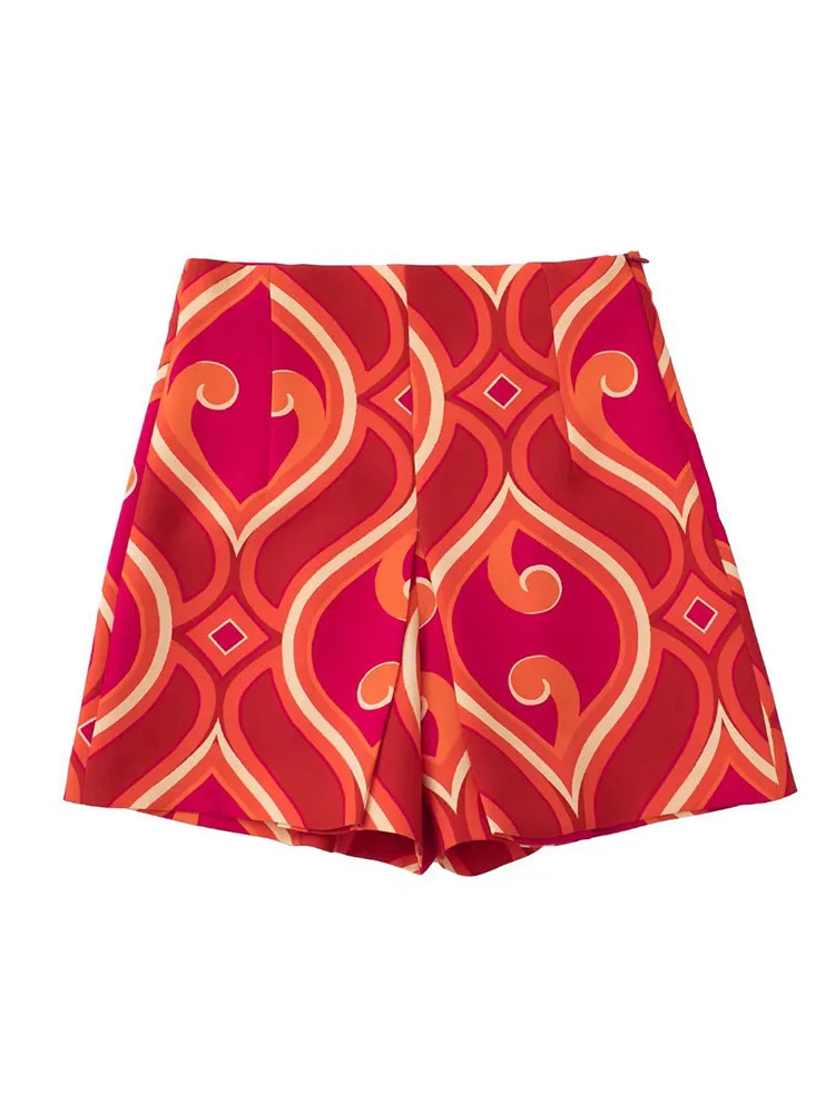 

Women 2022 New Fashion Geometric Print Shorts Vintage High Waist Side Zipper Female Short Pants Mujer