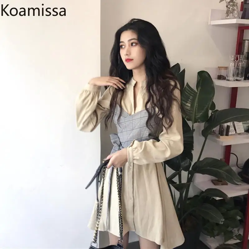 Koamissa Office Lady Harajuku Women Two Pieces Set Solid Long Sleeves Shirt Dress Cropped Lace Up Camis Korean Outfit Spring Set
