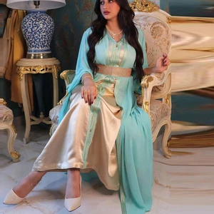 2 Piece Kaftan Dubai Abaya Kimono Cardigan Robe Muslim Hijab Dress Set Chiffon Open Abayas Caftan Marocain Turkey Islam Clothing