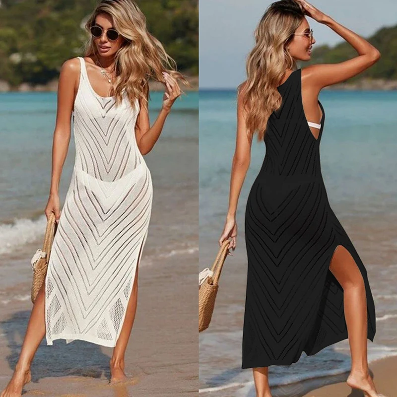 

Summer Sexy See-through Swimwear Sexy Slit Knitted Long Women Beach Dresses Sundress V-neck Sleeveless Sheer Bikini Cover Ups