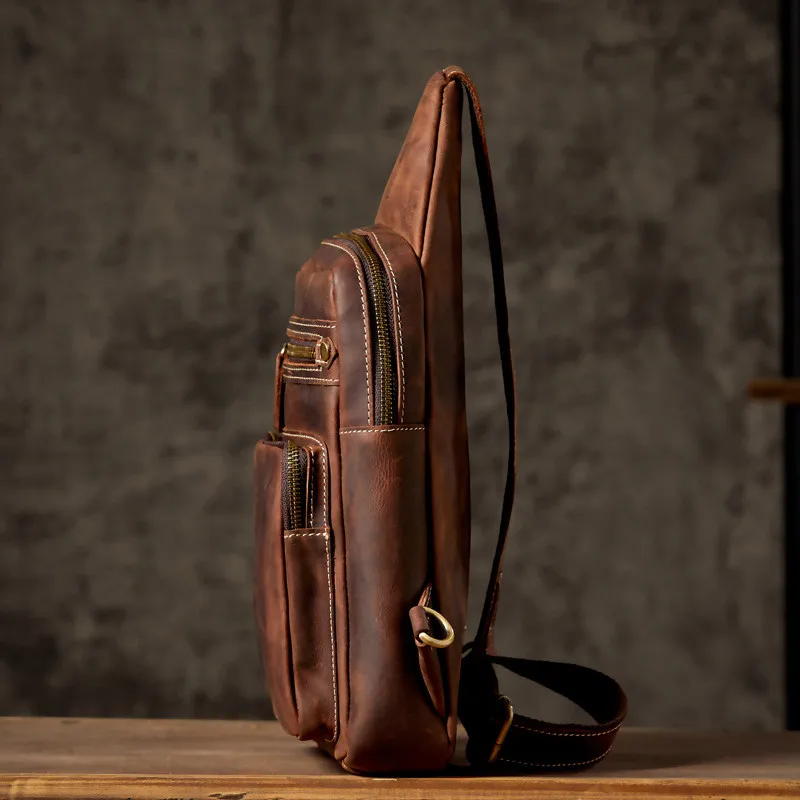 Retro fashion crazy horse cowhide men's multi pocket brown chest bag youth outdoor sports hot sale genuine leather diagonal bag