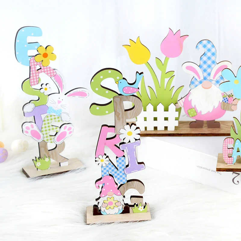 

Easter Table Decoration Wooden Signs DIY Wood Craft Spring Easter Rabbit Flower Gnome Ornament Desktop Centerpieces Decor Sign
