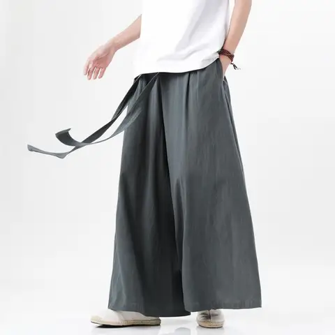 Брюки мужские льняные в китайском стиле, льняные штаны в стиле Харадзюку, уличная одежда в японском стиле, свободные брюки с широкими штанинами в стиле ретро, лето