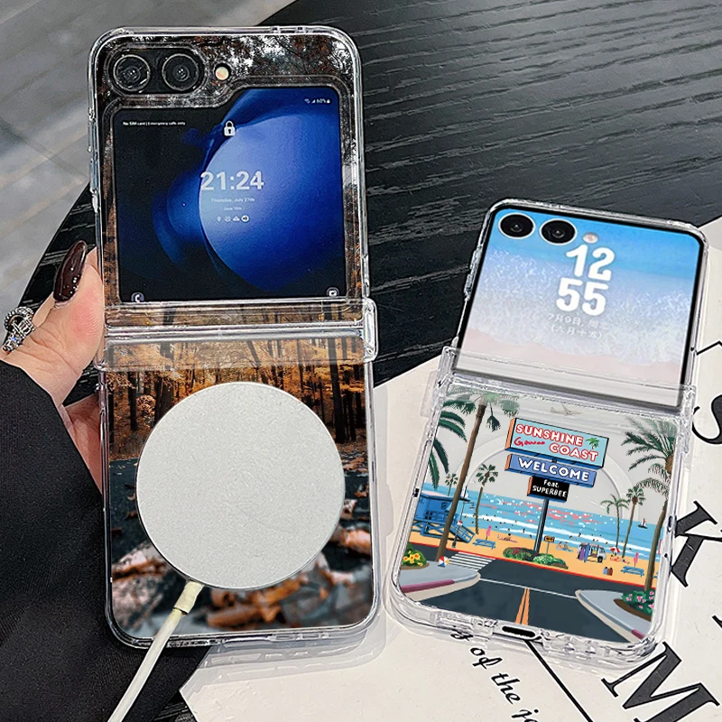 Фото Противоударный жесткий складной прозрачный чехол для Samsung Galaxy Z Flip 7 FE 6 5 4 Flip7 Flip6 с магнитным креплением и рисунком «Вулканическая трасса» №2
