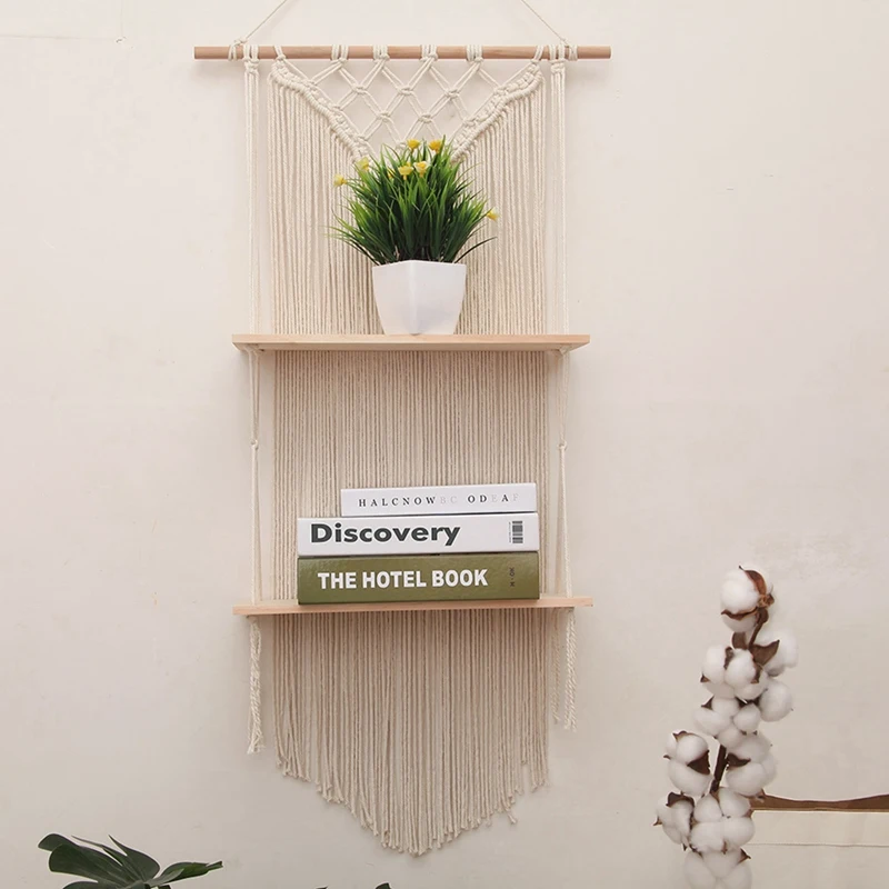 

Wall Hanging Macrame Tapestry With Wood Storage Shelf Living Room Flower Plant Pot Rack Book Stand Home Organizer Decor