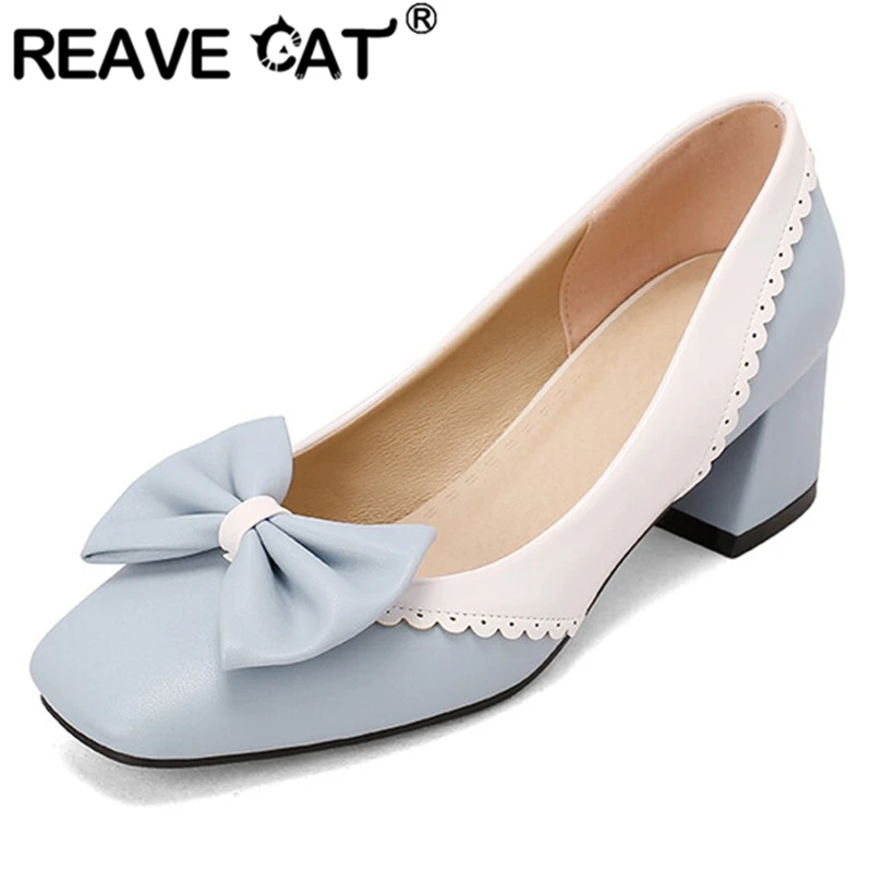 

REAVE CAT 2022 New Women's Shoes Pumps Square Toe Thick Heels Slip-on Bowtie Sweet Big Size Elegant Mix Color Black Yellow S3175
