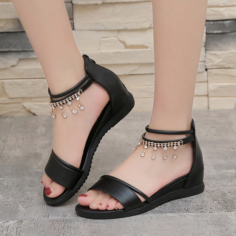 

Summer Women Sandals Zapatillas Mujer Wedge Sandalias Woman Zipper Solid Crystal Gladiator Shoes Flats Open Toe