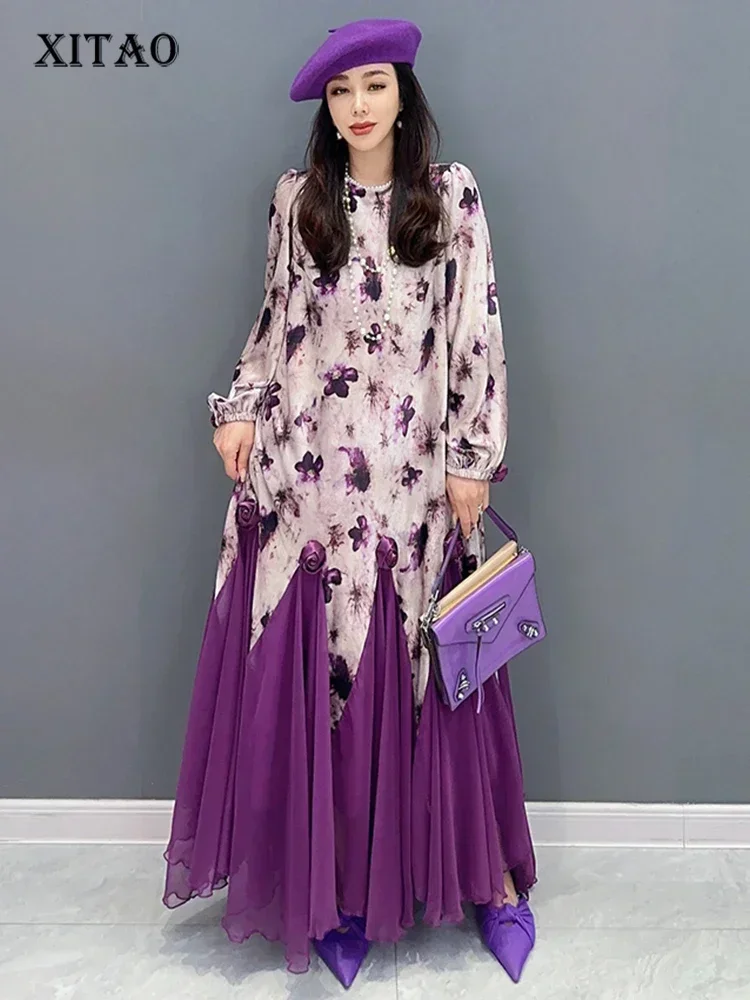 

XITAO Fashion Floret Dress Personality Patchwork Irregular Gauze Women Autumn New Arrival Elegant Temperament Dress HQQ1685