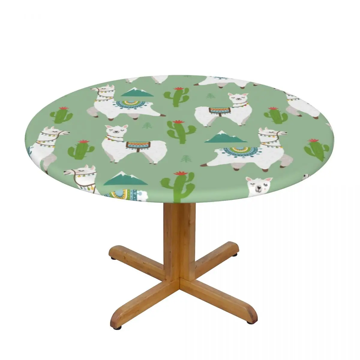 

Fitted Round Tablecloth Protector Soft Table Cover Tribe Llama Cartoon Alpaca Cactus Pattern Anti-Scald Plate Kitchen Tablemat
