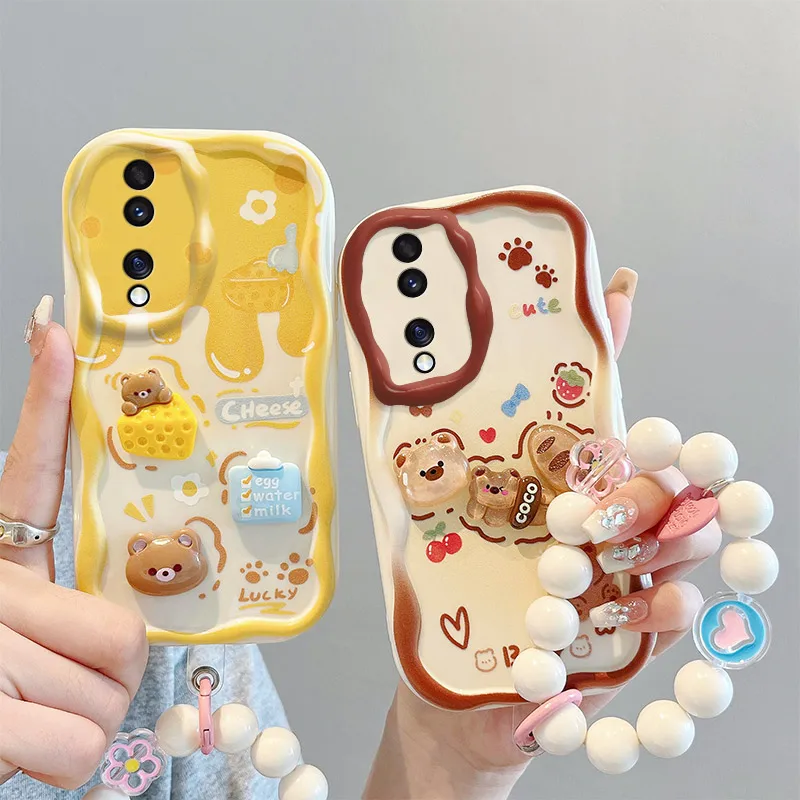

Fashion Wavy Edge Cute Creamy Cartoon Animals Phone Case For Honor 80 Hand Strap Bracelet Case Cover