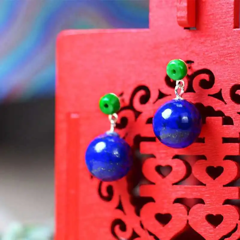 Серьги из натурального изумруда + подвеска бисера с ляпис-лазуритом 12 мм висячий