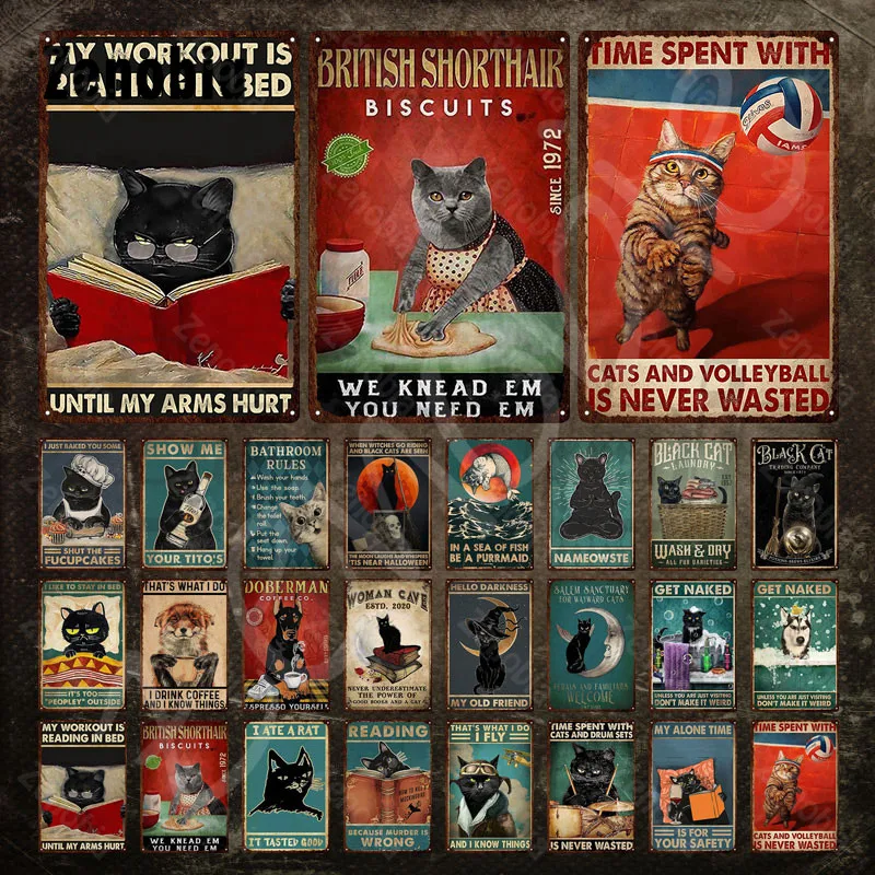 

Funny Cats Metal Sign Vintage Tin Sign Reading and Drumming Cat Metal Plate Cartoon Animal Plaque Wall Stickers for Wall Decor