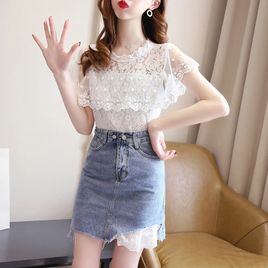 

2022 Women Summer New Fashion 2 Piece Sets Female Lace O-neck Short Sleeve Tops Ladies Slim Package Hip Denim Skirts Suits K67