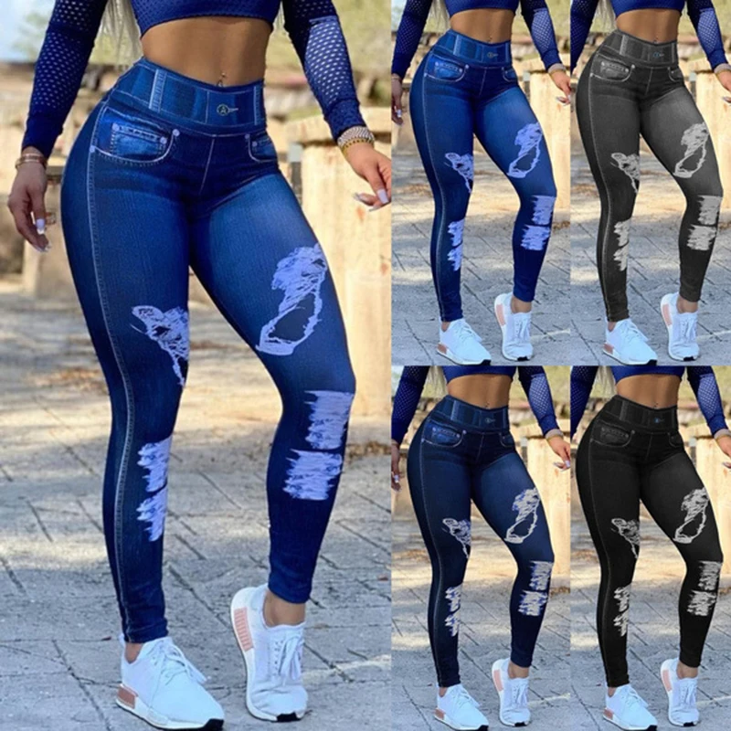 Sexy astic Imitation Jeans Leggings High Waist Pants Fitness Slim Sport Fashion Printing Faux Denim Jeans For Women Old Fashione