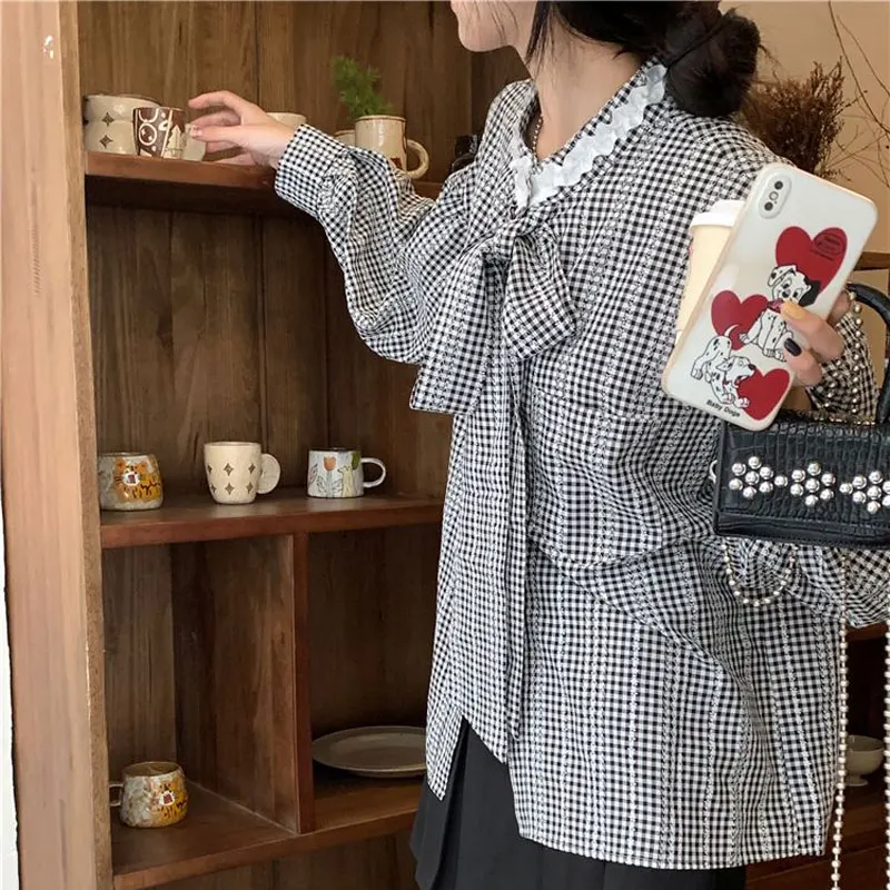 Свободная блузка с кружевом для поездок на работу клетчатая женская одежда