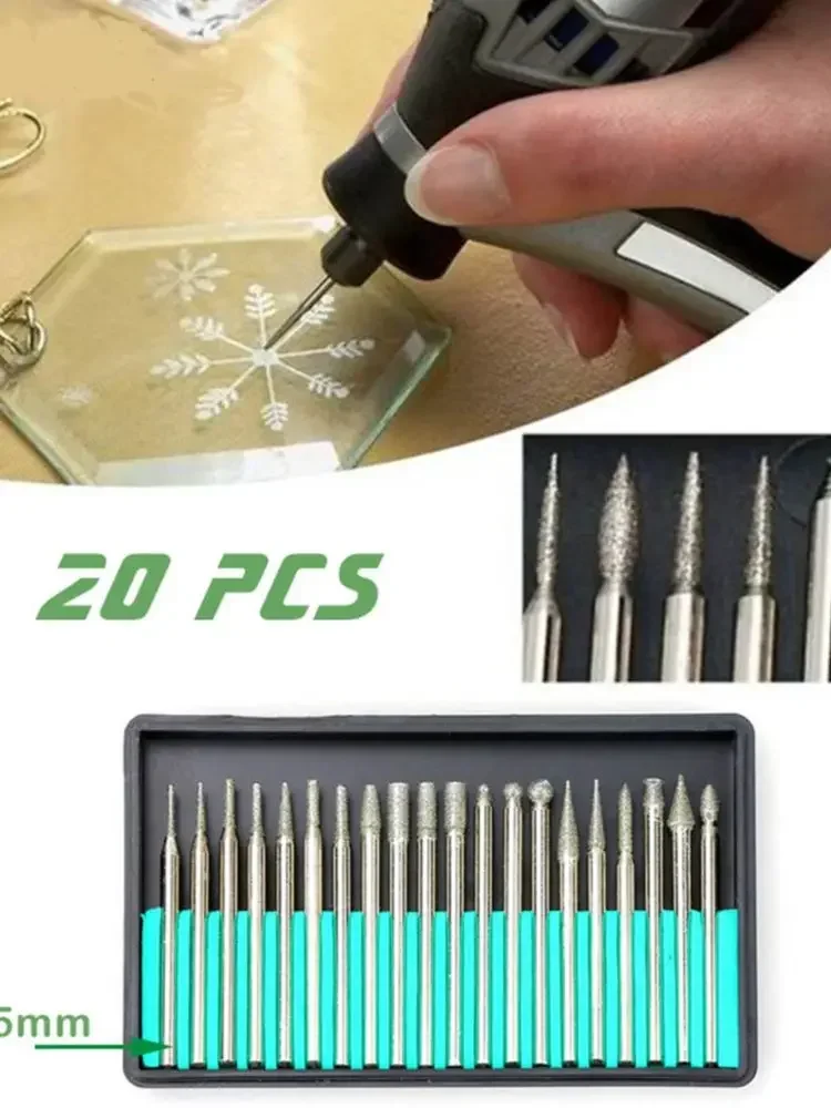 

20 шт./компл. алмазные шлифовальные иглы для резьбы, наборы сверл с заусенцами 2,35 мм/3 мм, хвостовик для сверления Dremel, вращающийся инструмент