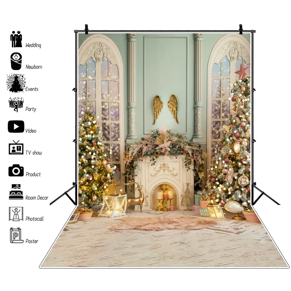 Christmas Wood Floor Backdrop Winter Snow Xmas Tree Gift Family Party Background New Year Decoration