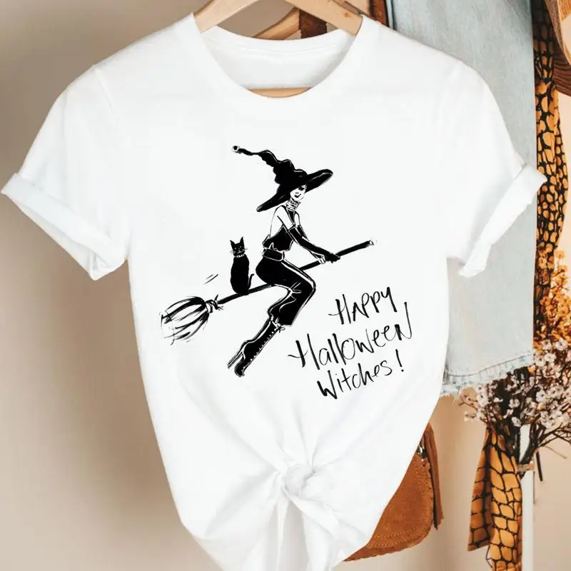 

2021 Trend Witch Halloween Women Autumn Fall Thanksgiving Clothing Cartoon Print Tshirt Nice Tee Style Top Graphic T-shirt