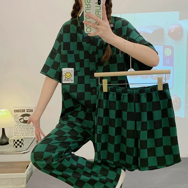 Yasuk Spring Summer Autumn Women's Casual Soft Cotton Simple Sleepwear Pajamas Set Long Short Pants Plaid Smile Sweet Girl 3Pc