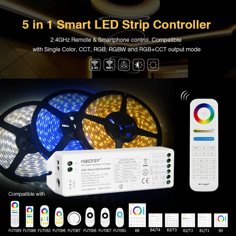 LED Strips Controller 5 in 1 Smart LED Controller Single Color/CCT/RGB/RGBW/RGB+CCT Strip Light, 2.4G RF Remote  Controller
