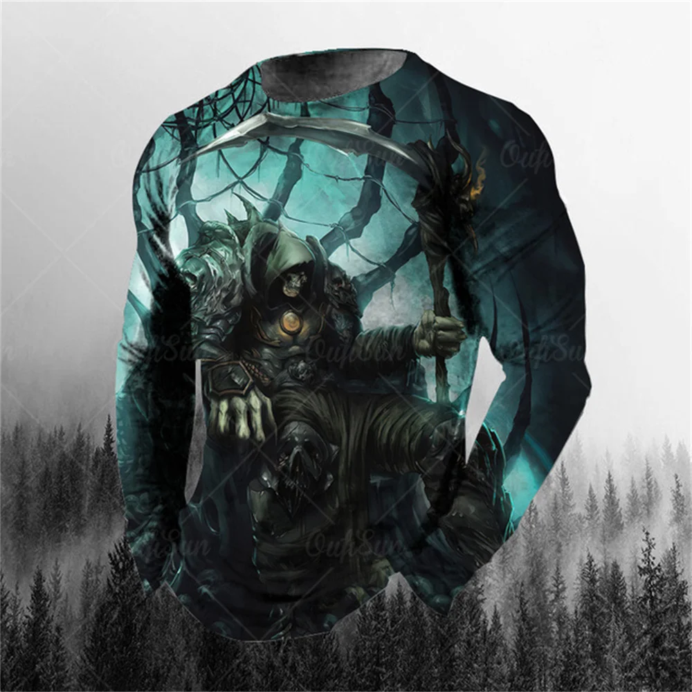 

Футболка мужская с длинным рукавом, винтажная уличная рубашка с 3d принтом черепа, пуловер с круглым вырезом, футболка оверсайз