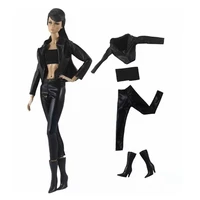 black leather 11 5 doll outfits set for barbie clothes jacket coat tank top pants boots 16 accessories for barbie doll clothes