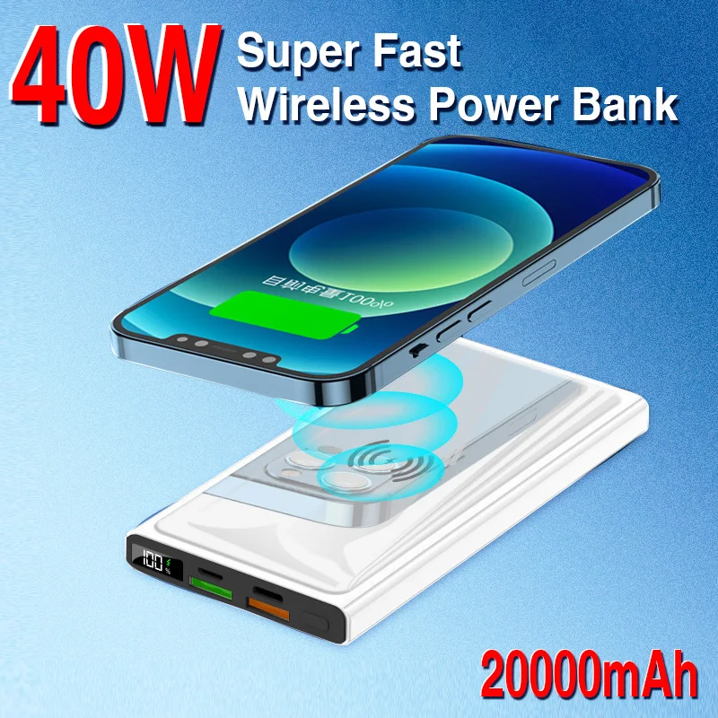 20000mAh Wireless Power Bank 40W Super Fast Charging Digital Display External Battery Built in Cables with Flashlight for phone