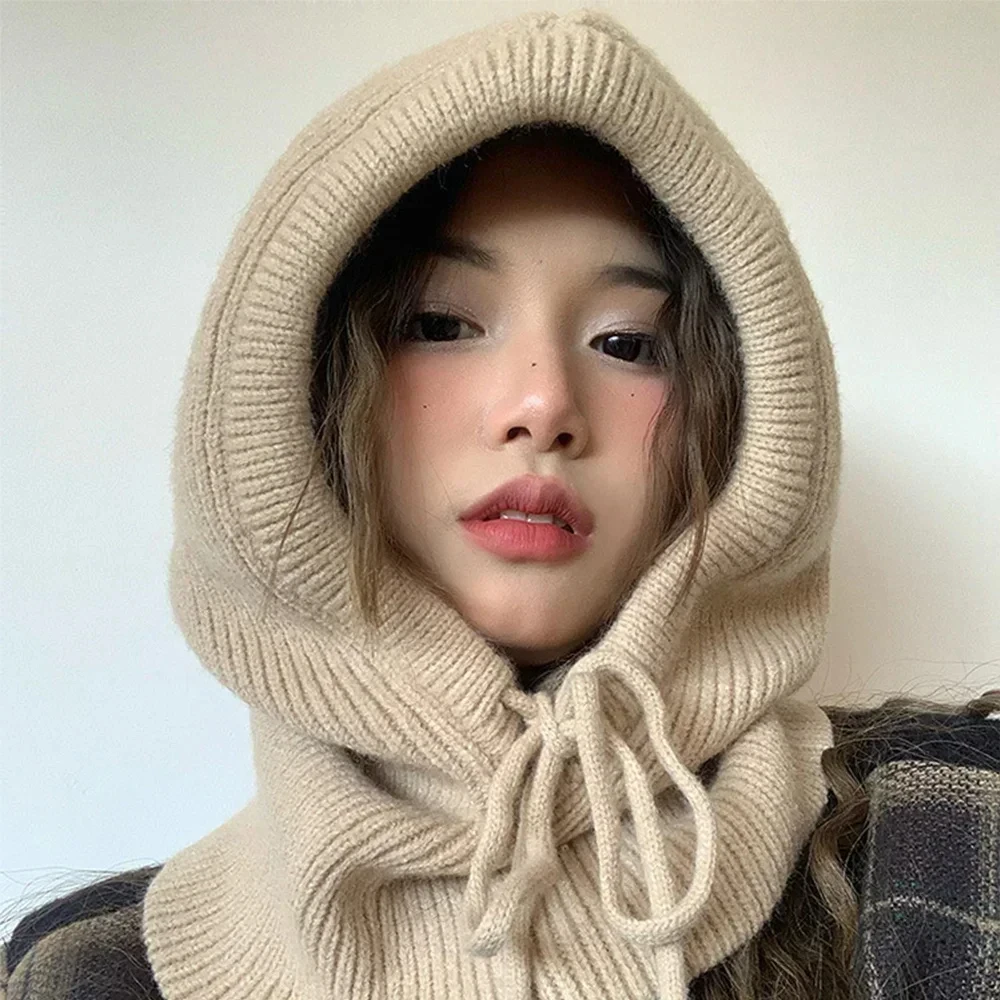 

Winter Balaclava Hat Neck Thicken Warm Knitted Wool Pullover Hat Korean Women Cotton Ear Protection Pullover Hat Cap Accessories