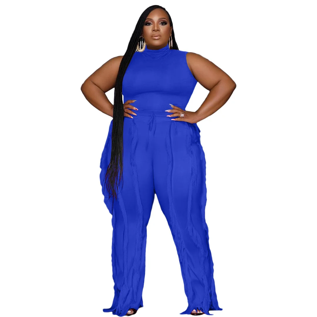 Plus Size Women's Two-piece Sets Tassel Pants Sleeveless Tops Casual Sports Outfits Large Size Female Fashion Solid Color Suits