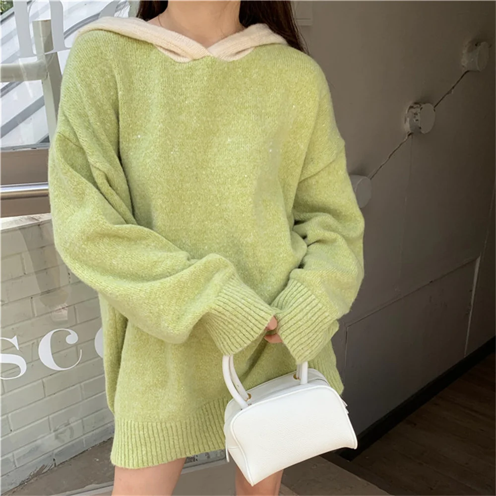 

Свободные женские свитера Alien Kitty с капюшоном средней длины, Зимние Теплые повседневные деловые облегающие универсальные вязаные пуловеры