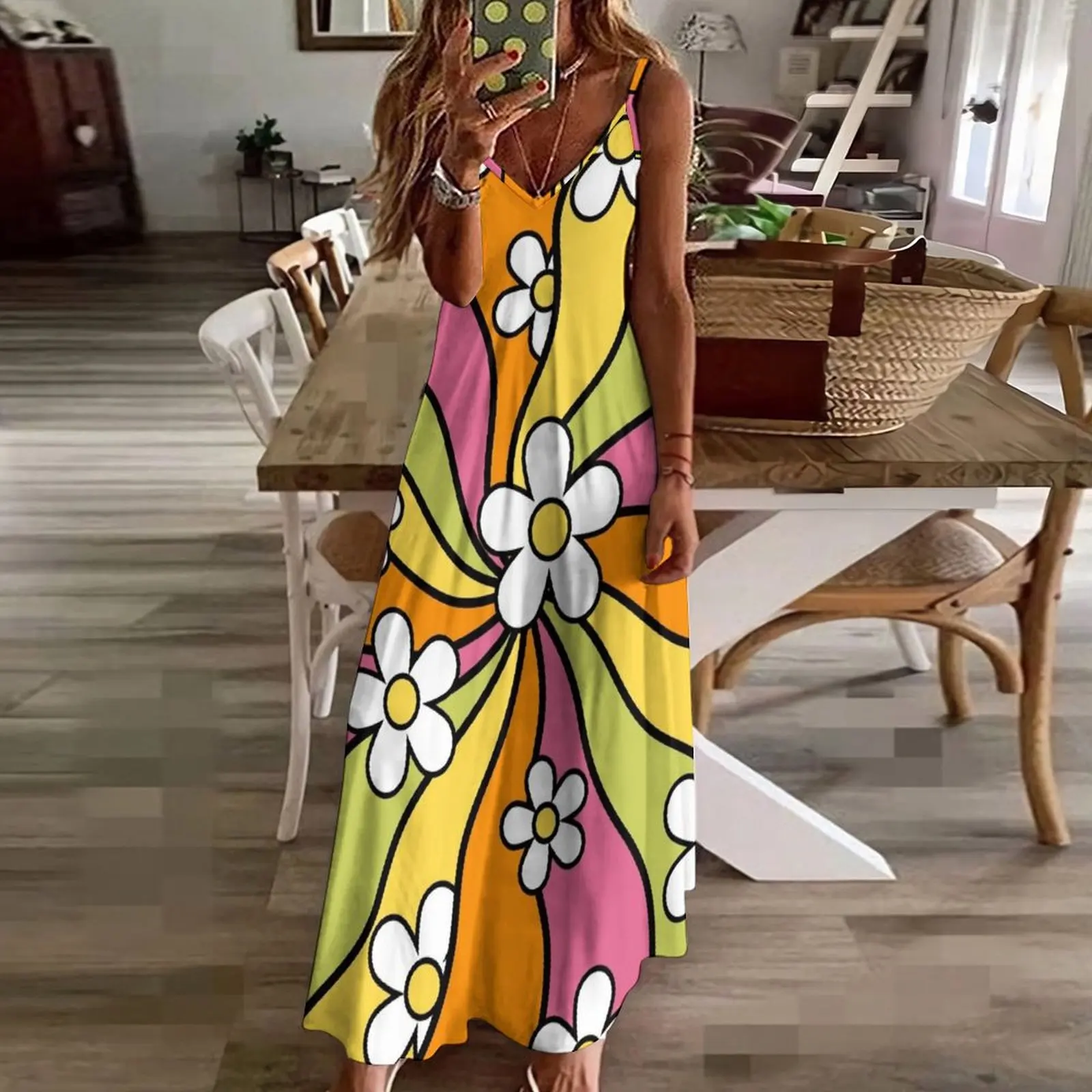 Длинное платье без рукавов с волнистым ромашками эстетичная одежда платья для